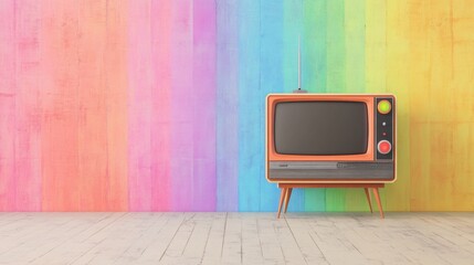 Retro Television Set on Wooden Floor Against Rainbow Painted Wall Nostalgic Vintage Media Center Interior Design Concept
