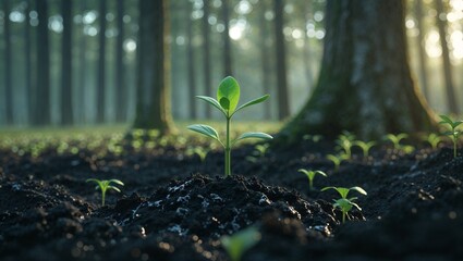 Green Seedling Growing on Forest Floor Surrounded by Trees and Young Sprouts