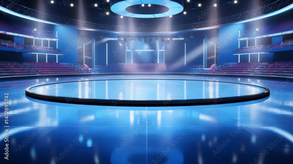Aufkleber Large empty arena with blue walls and a blue floor. The arena is empty and has no people or objects in it