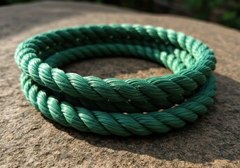 Fototapeta premium Emerald Green Twisted Rope Coil, a Closeup View. Thick Strands, Nautical Feel. Textured Surface, Outdoor Setting.
