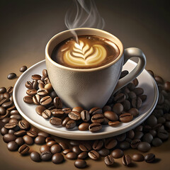 Obraz premium Aromatic latte art coffee cup with beans.