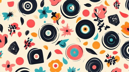 Colorful, floral, and vinyl record pattern