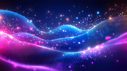 Fototapeta premium Abstract background of a blue and purple gradient with wavy dotted patterns, ideal for digital designs and wallpapers. Abstract futuristic blue and pink wave with moving dots.