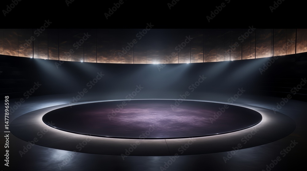 Poster large empty stadium with a purple circle in the center. the lights are on and the stadium is illumin
