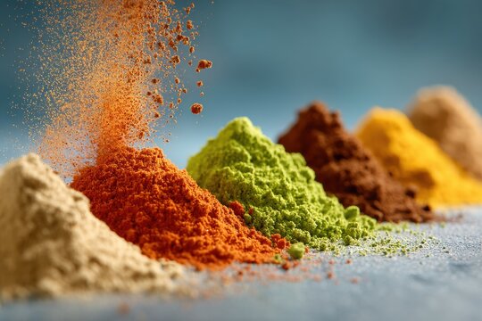 Colorful spice powders arranged in a row with an orange powder falling into a heap creating a vibrant display of culinary art and flavor on a textured surface.