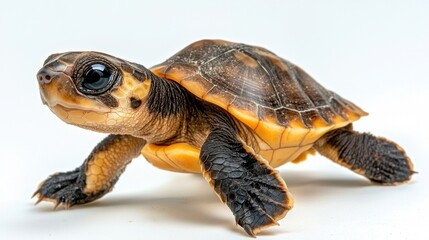 Obraz premium Baby turtle close-up on white background with expressive eyes