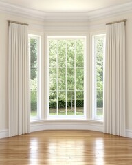 Fototapeta premium A large elegant bay window adorned with flowing white curtains offers a picturesque view of a sunny green garden filling the interior room with light.