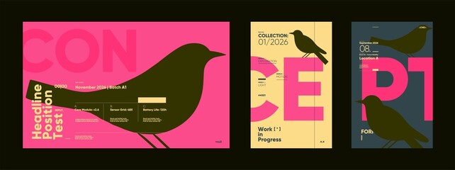 Fototapeta na wymiar Typographic layouts featuring large birds and bold letter forms in vibrant pink and yellow contrasts for system launch and editorial display.