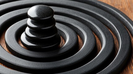 Naklejka premium A calming stack of smooth, polished black stones rests centered on a circular metal heating element, suggesting therapy or wellness.
