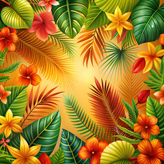 Vibrant tropical flowers and leaves.