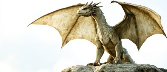 Fototapeta premium Magnificent Dragon Perched on Rocky Outcrop Fantasy Creature Concept Art Digital Illustration Low Angle View Against Bright Sky