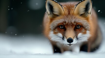Fototapeta premium A red fox walking through a snowy landscape with a focused gaze