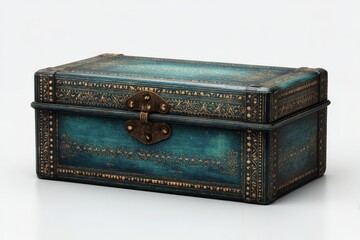 Ornate teal wooden box with gold detailing and a brass clasp.  A beautiful decorative storage container.