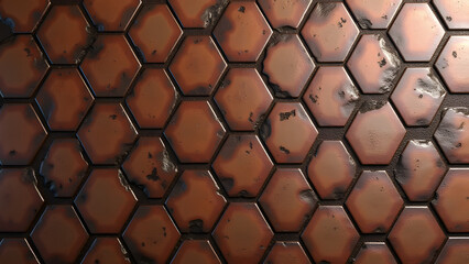 Fototapeta premium Hexagonal porcelain tile with aged rust effect, industrial vintage texture, seamless oxidized metal design, neutral lighting, HD backdrop.