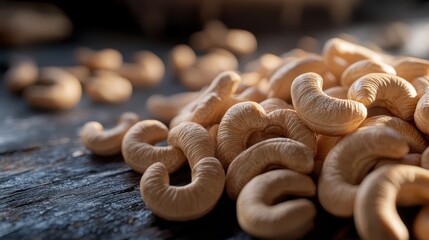 Heap of Cashews on Rustic Wood, Nutritious Snack, Perfect for Healthy Bites