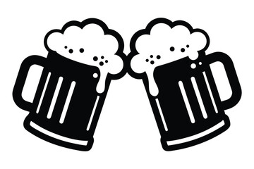 Two Frothy Beer Mugs Toasting, Black and White Celebration Icon Graphic