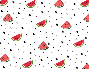 Seamless watermelon pattern. Vector summer background with watercolor watermelon slices and seeds.