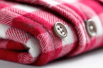 A close-up shot of a folded red and white checkered flannel shirt, showcasing the texture of the fabric and the buttons detail, for a warm and cozy feeling.