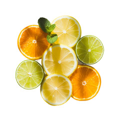 Obraz premium Citrus mix, orange, lime and lemon slices isolated on white background