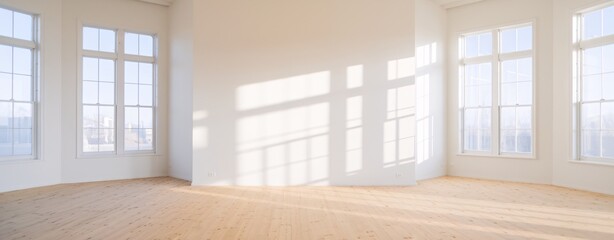 Bright, airy empty room with large windows casting shadows on wooden floor.