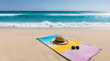 Obraz premium Brightly colored towel sits on soft sand with a straw hat and sunglasses nearby, as turquoise waves gently lap at the shore under clear blue skies