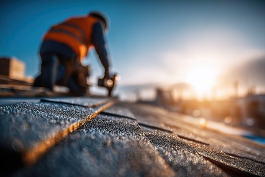 A roofer working on a roof covered with frost at sunrise, installing asphalt shingles, wearing an orange safety vest in the sunlight, with a blurred background.