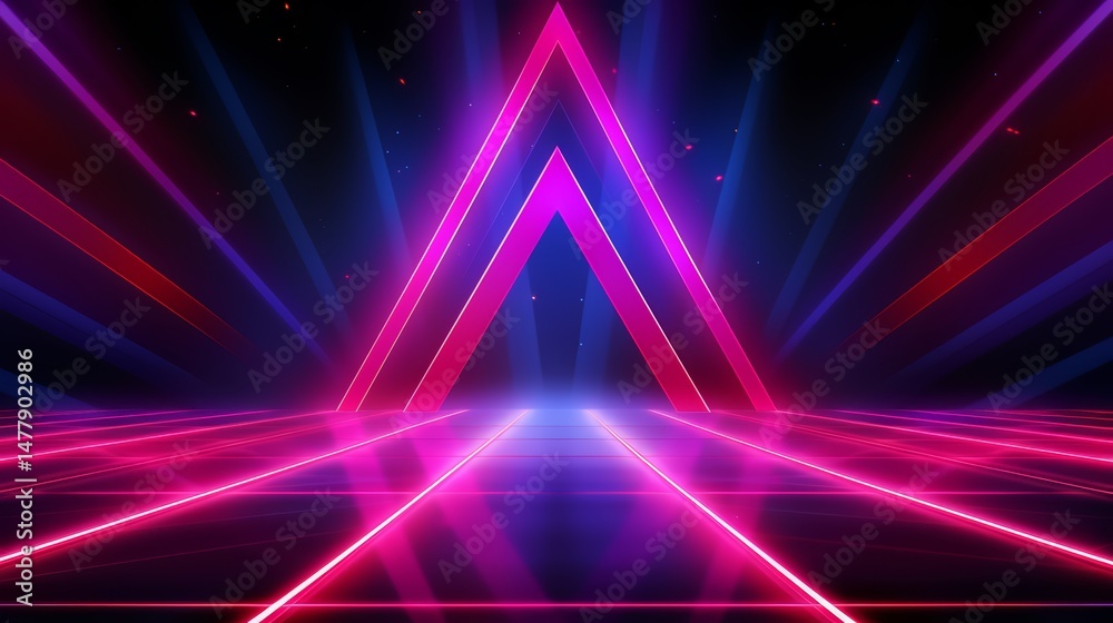 Poster neon sign with a pink and blue triangle in the middle. the sign is lit up and has a futuristic feel 