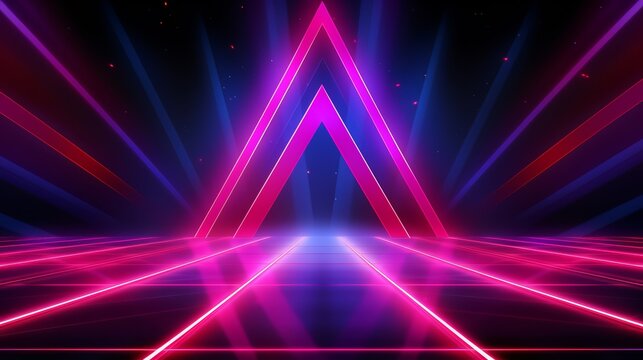 Neon sign with a pink and blue triangle in the middle. The sign is lit up and has a futuristic feel to it