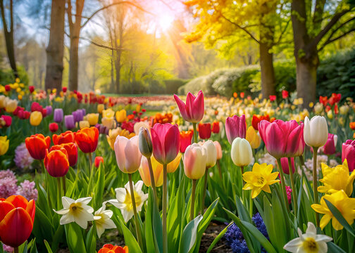 Vibrant tulip field bursts with spring color. - Powered by Adobe