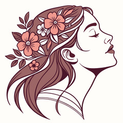 Elegant Woman Profile with Floral Hair – Line Art Vector Silhouette

