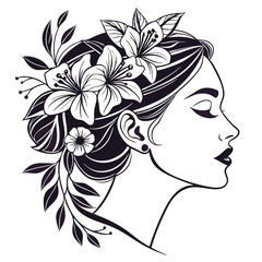 woman with flowers. Elegant Woman Profile with Floral Hair – Line Art Vector Silhouette