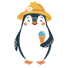 Flat vector illustration in a simple children's style. Cute penguin in a hat holding ice cream on white background . Vector illustration