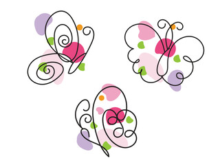 Three Abstract Butterflies Line Art Design with Colorful Spots