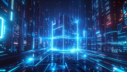 A glowing cube pulses at the heart of a high-tech city, surrounded by data towers and electric circuits