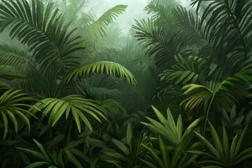 Dense tropical palm leaves and lush green foliage form a rich, misty jungle background in a beautiful natural environment.