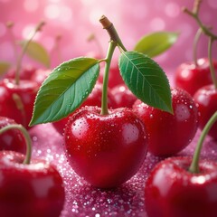  Hyper-realistic 3D-rendered ruby red cherries with water droplets, green stems, lush leaves, on a metallic pink glittery background with sugary sparkles.