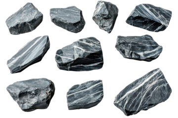 Collection of Dark Rocks with White Veins on Black Background
