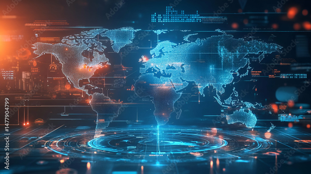 Poster glowing digital world map network technology