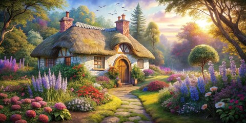 Obraz premium Panoramic Cottage Garden: Thatched Roof, Stone Path, Wooden Door, Vibrant Flowers, Idyllic Landscape Photography