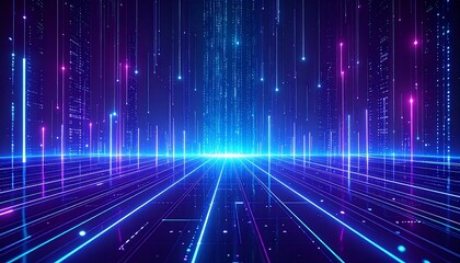 Vertical light trails descend over a glowing grid, evoking a rain of data in a stylized, virtual skyline