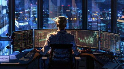 A person works late, analyzing market data on multiple computer screens in a high-rise office, overlooking a cityscape at night