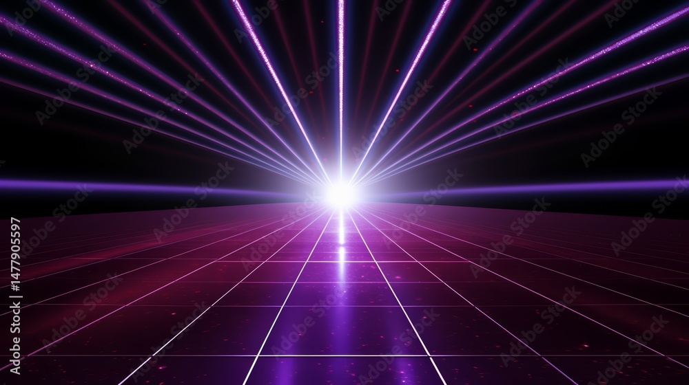 Poster purple and red light show with a white light in the middle. the light show is in a dark room
