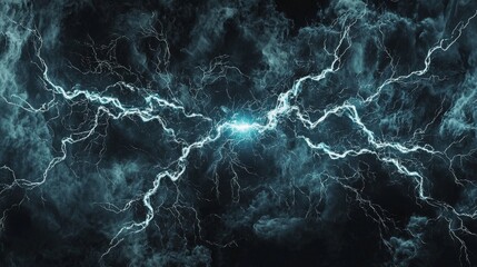 Naklejka premium A dramatic blue lightning strike electrifies the dark cloudy stormy sky, illustrating immense natural power and dynamic energy discharge.