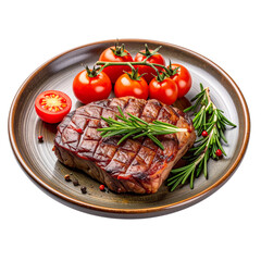 Grilled Steak Platter with Roasted Tomatoes and Rosemary Garnish, Transparent Background"