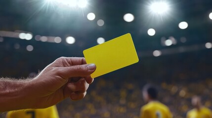 close-up male football (soccer) referee hand holding yellow card