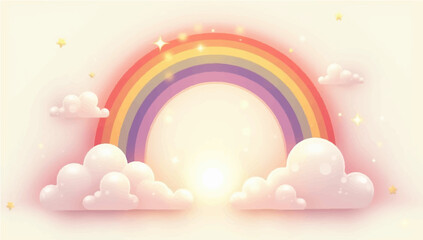 Rainbow in the Sky with Clouds and Sun on a Bright Summer Day