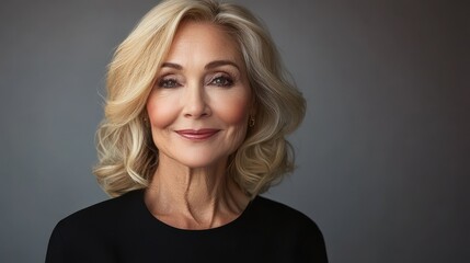 Smiling sophisticated 50s middle aged blond business woman looking at camera. Happy mature elegant old lady isolated advertising products or services on grey background. Headshot close up portrait il
