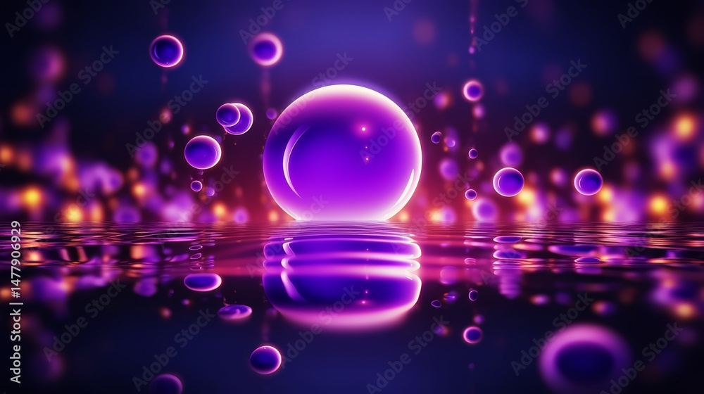 Fototapete purple sphere is surrounded by many other spheres of various sizes. the image has a dreamy, surreal 