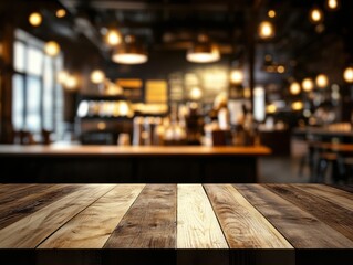 Wooden Tabletop in Coffee Shop Interior Background Blurred Lights Perspective for Product Mockup or Display