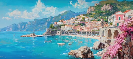 Amalfi Coast Painting with Seaside Village, Blue Sea, Rocky Cliffs and Pastel Buildings
